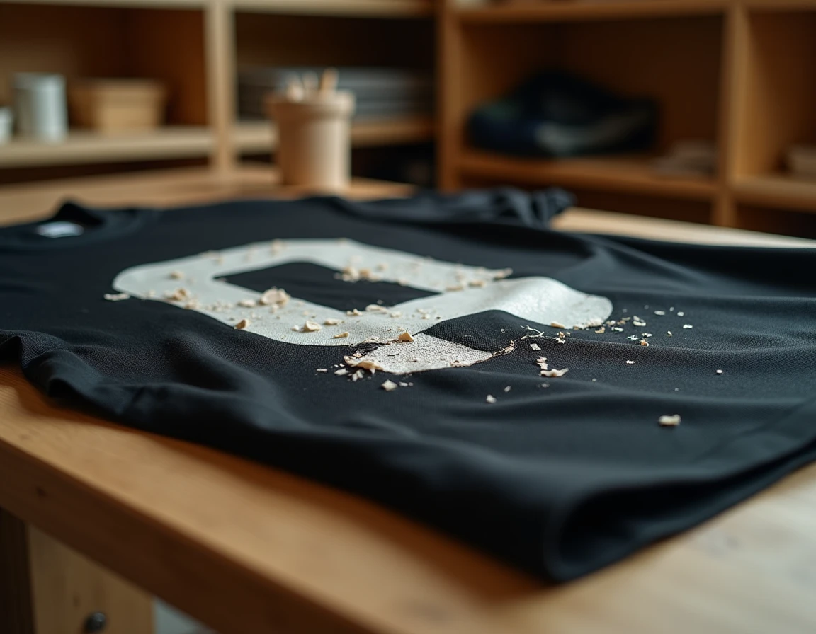 Détail d'un flocage qui se décolle sur un maillot de sport noir, avec les bords du vinyle soulevés et craquelés sur un établi en bois