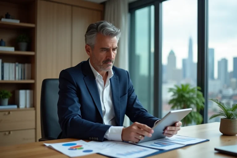 Homme d'affaires en costume marine analysant des graphiques financiers et un portefeuille d'investissement sur tablette dans un bureau moderne