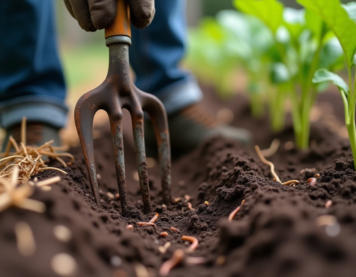 Gros plan sur les dents d'une grelinette dans une terre riche et aérée d'un jardin potager biologique
