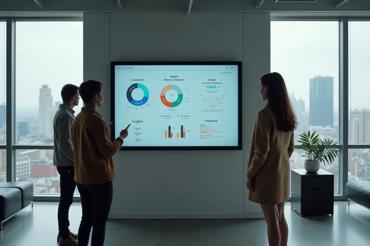 Groupe de collègues découvrant les actualités et événements de l'année sur un écran interactif en salle de réunion