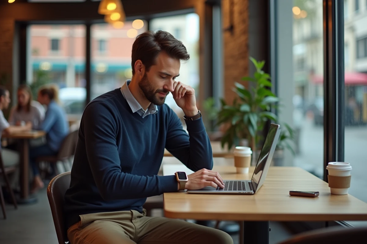 Homme en café moderne utilisant un ordinateur portable