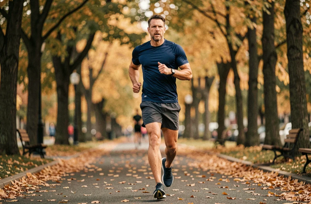 Homme en train de courir dans un parc en automne pour perdre du poids et améliorer sa condition physique