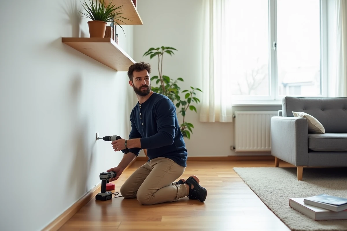 Homme installant des étagères flottantes dans un salon lors d'un projet d'amélioration de l'intérieur