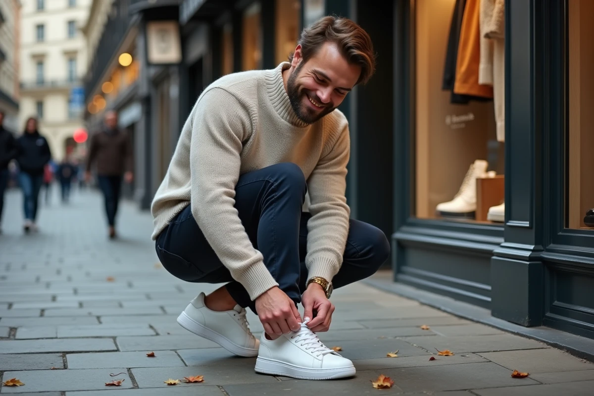Homme en ville lace ses baskets blanches dans une rue