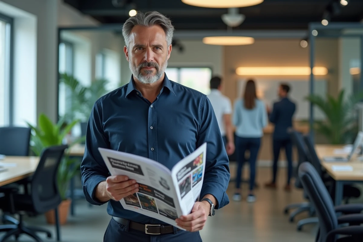 Homme en bureau moderne tenant un magazine sur les tendances et nouveautés de l'année