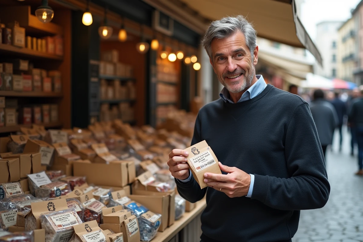 Homme inspectant un produit inconnu aux étiquettes cryptiques sur un marché urbain en plein air