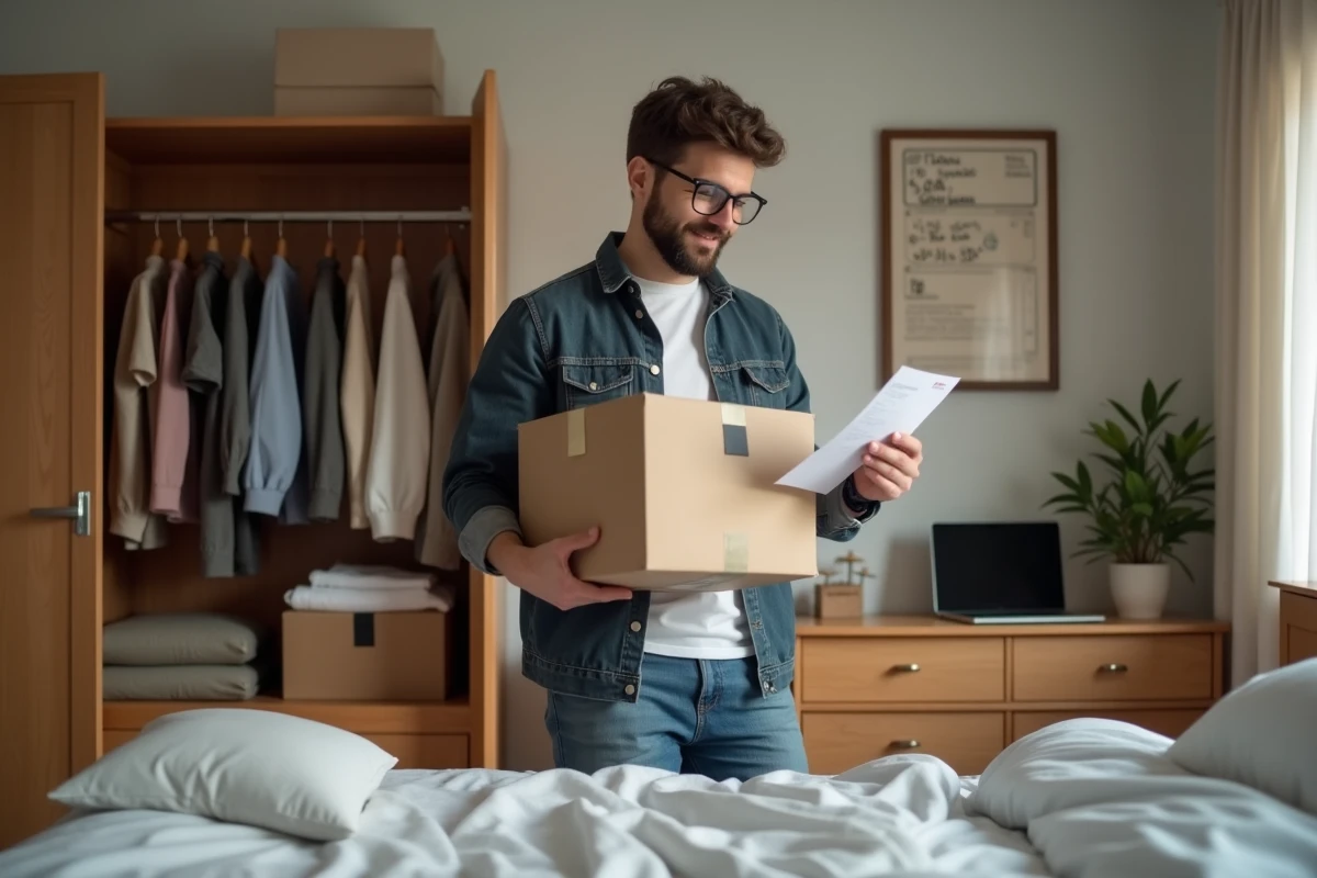 Homme heureux recevant un colis dans sa chambre organisée