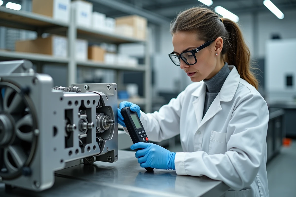 Ingénieure utilisant une clé dynamométrique numérique sur un assemblage mécanique de précision dans un laboratoire de recherche industrielle