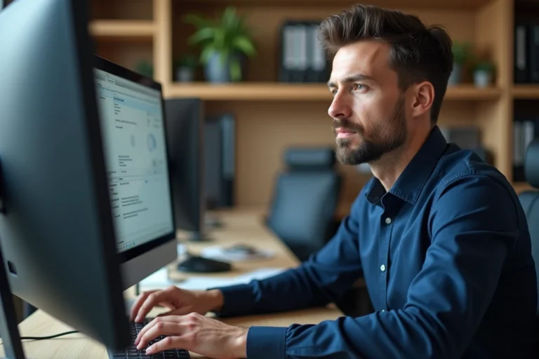 Comptable masculin installant le logiciel Isacompta sur un ordinateur de bureau dans un bureau professionnel moderne