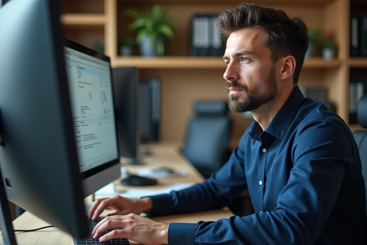 Comptable masculin installant le logiciel Isacompta sur un ordinateur de bureau dans un bureau professionnel moderne