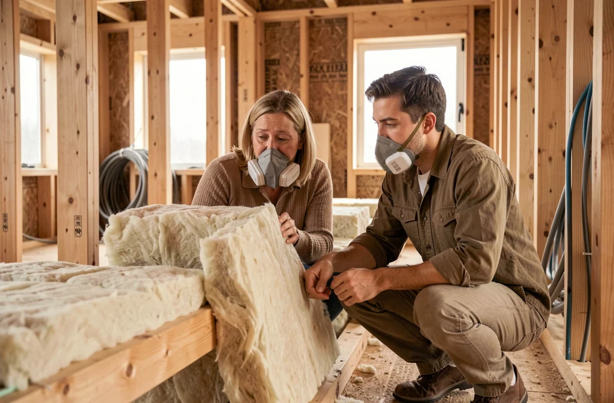 Deux professionnels de la construction installant une isolation en laine de mouton dans une ossature bois de maison passive