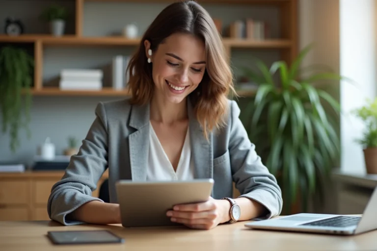 Jeune femme en blazer souriante dans un bureau moderne