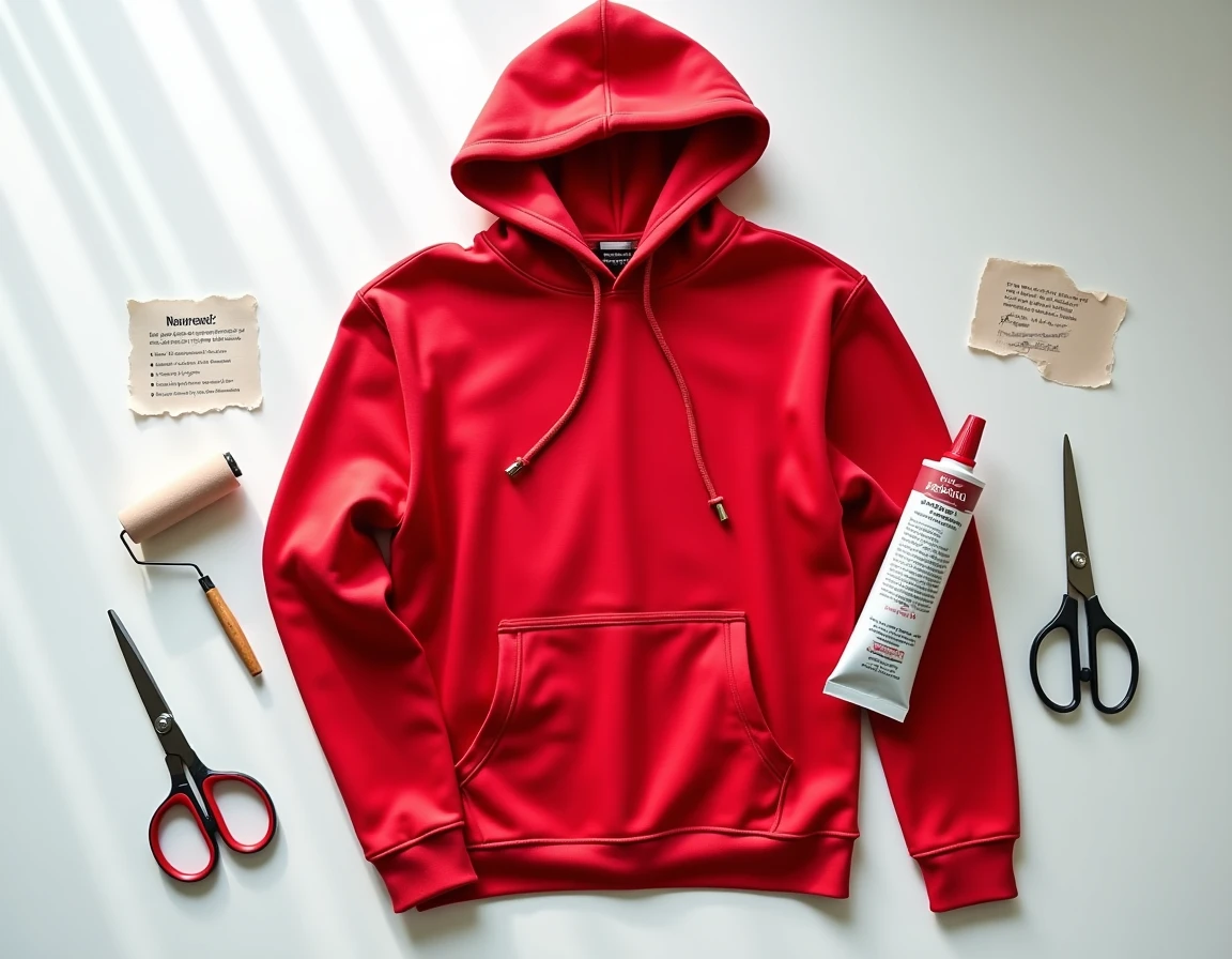 Vue de dessus d'un kit de réparation de flocage décollé avec un sweat rouge, de la colle textile, des ciseaux et des instructions sur une table blanche