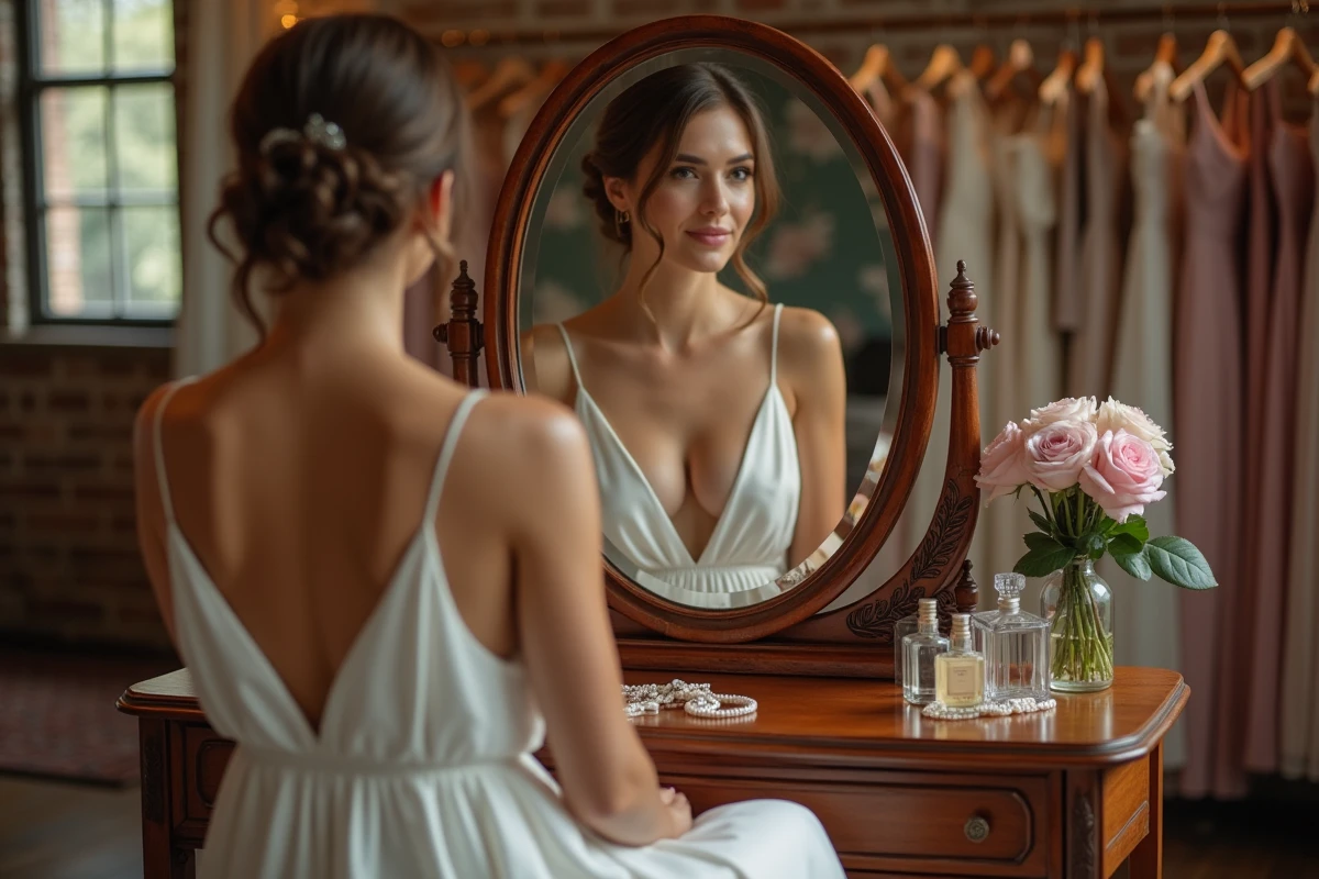 Mariée assise devant un miroir vintage pendant la préparation du maquillage avant la cérémonie