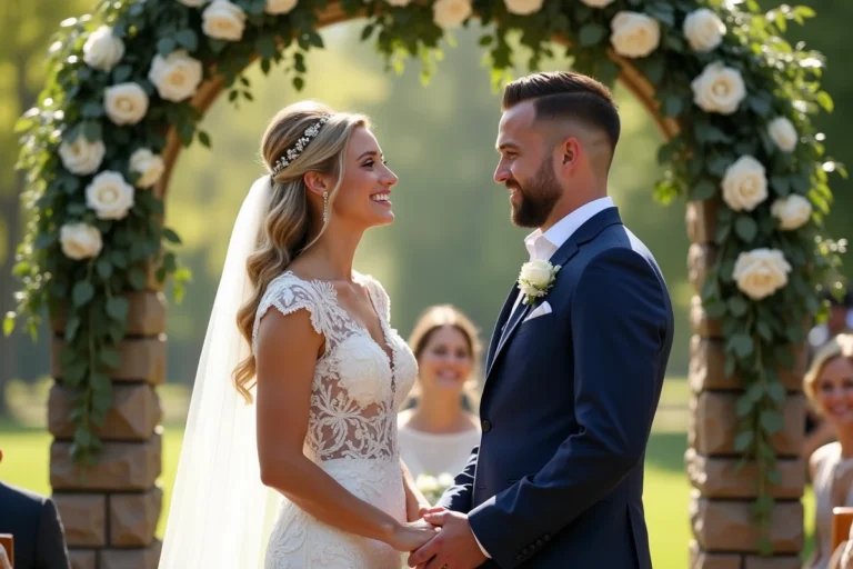Mariés souriants sous une arche fleurie dans un jardin lors de leur cérémonie de mariage