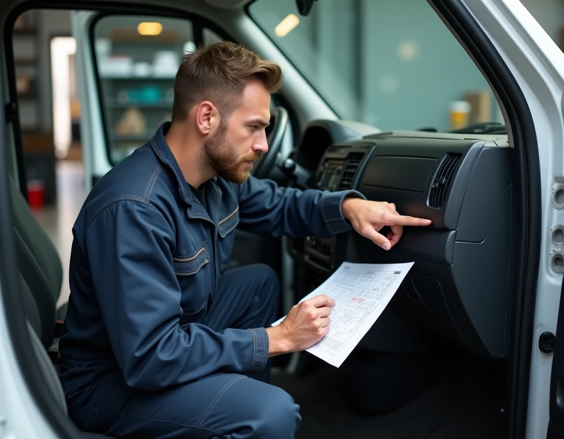 Mécanicien consultant les voyants de bord d'un Iveco Daily en atelier