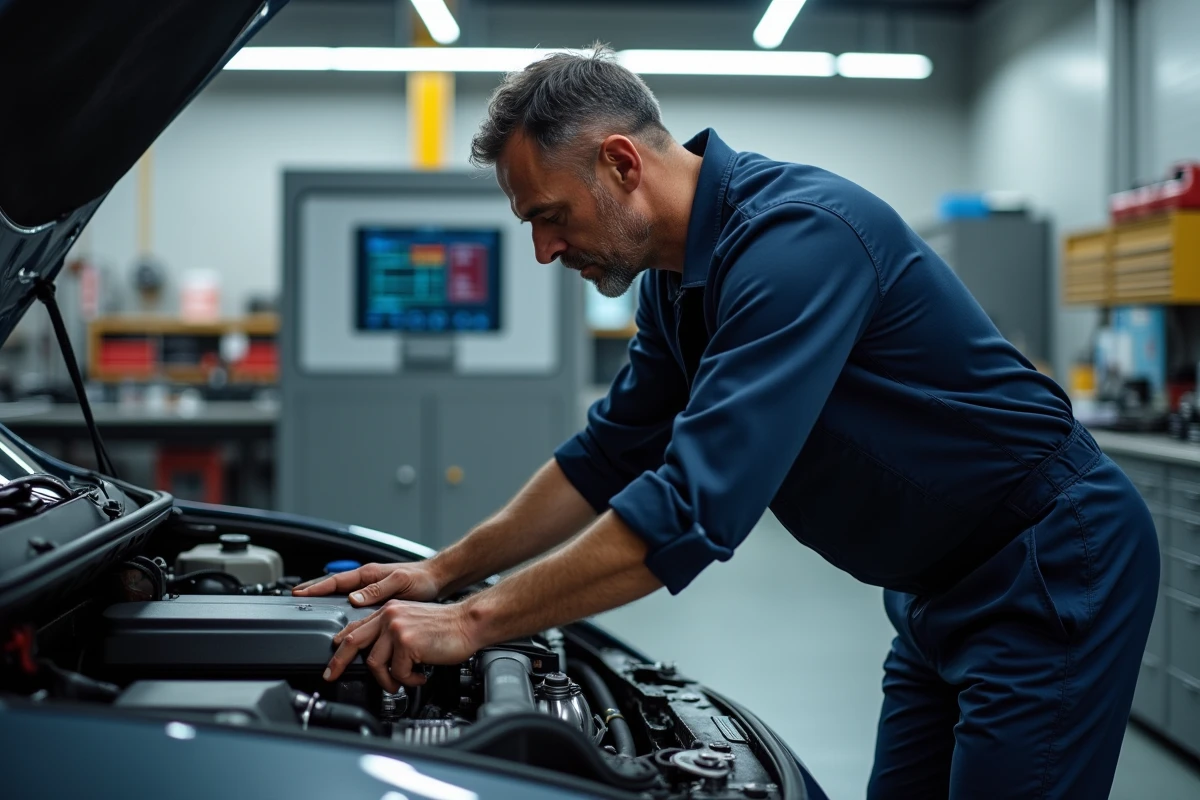 Mécanicien professionnel inspectant le groupe motopropulseur d'un véhicule électrique dans un atelier moderne équipé d'outils de diagnostic