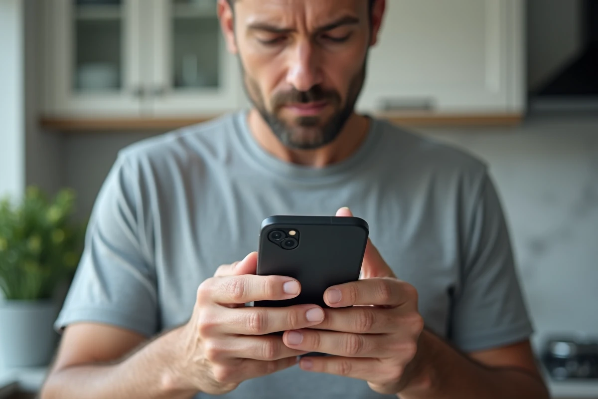 Homme consultant l'application Pôle Emploi sur smartphone pour modifier son RIB et ses informations bancaires