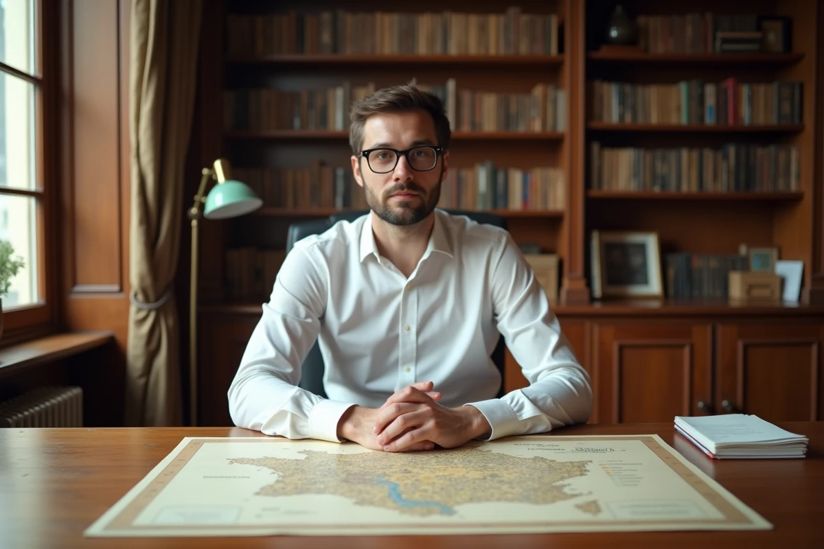 Notaire consultant les actes de propriété et le plan cadastral d'un immeuble parisien pour distinguer annexe et dépendance