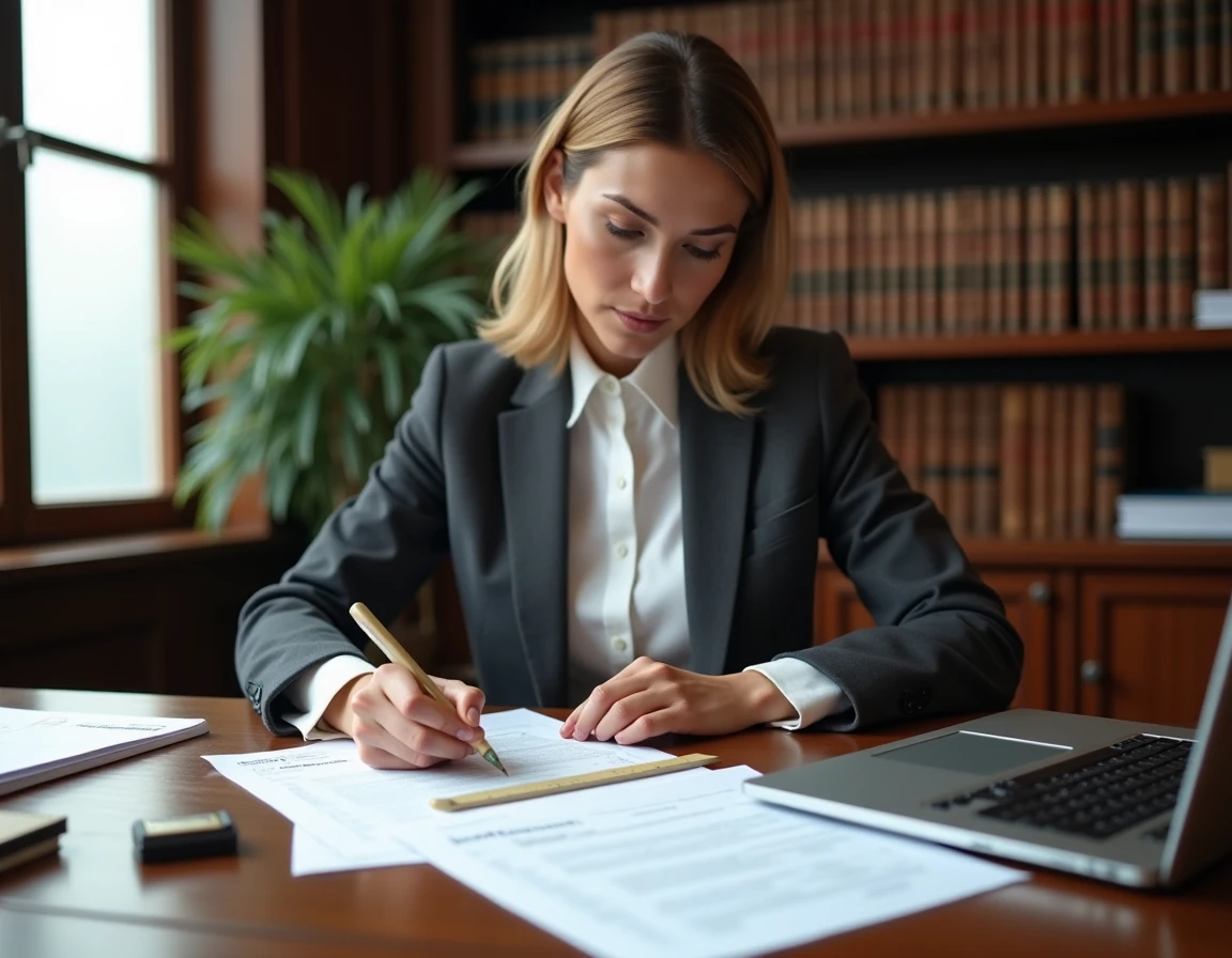Notaire immobilière révisant un rapport de surface habitable avec des documents cadastraux sur un bureau en bois