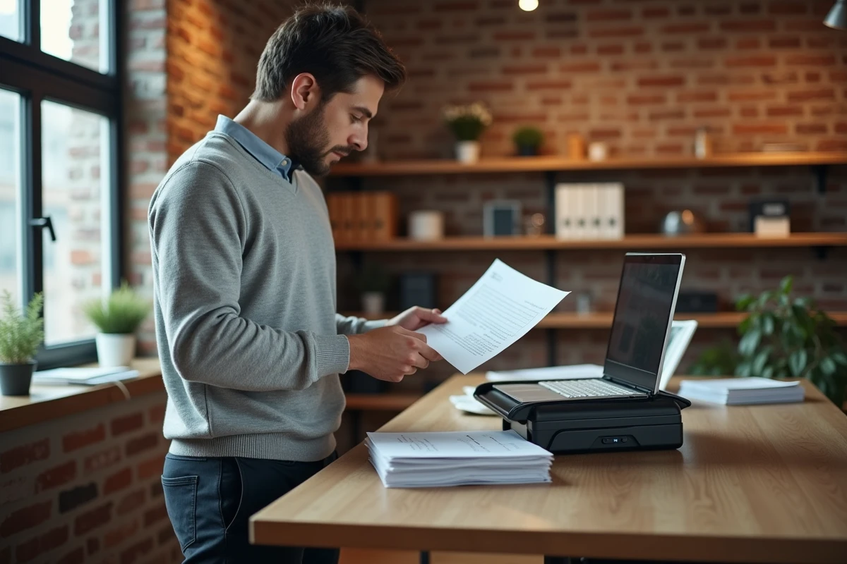 Entrepreneur numérisant des documents papier avec un scanner portable dans un bureau de petite entreprise