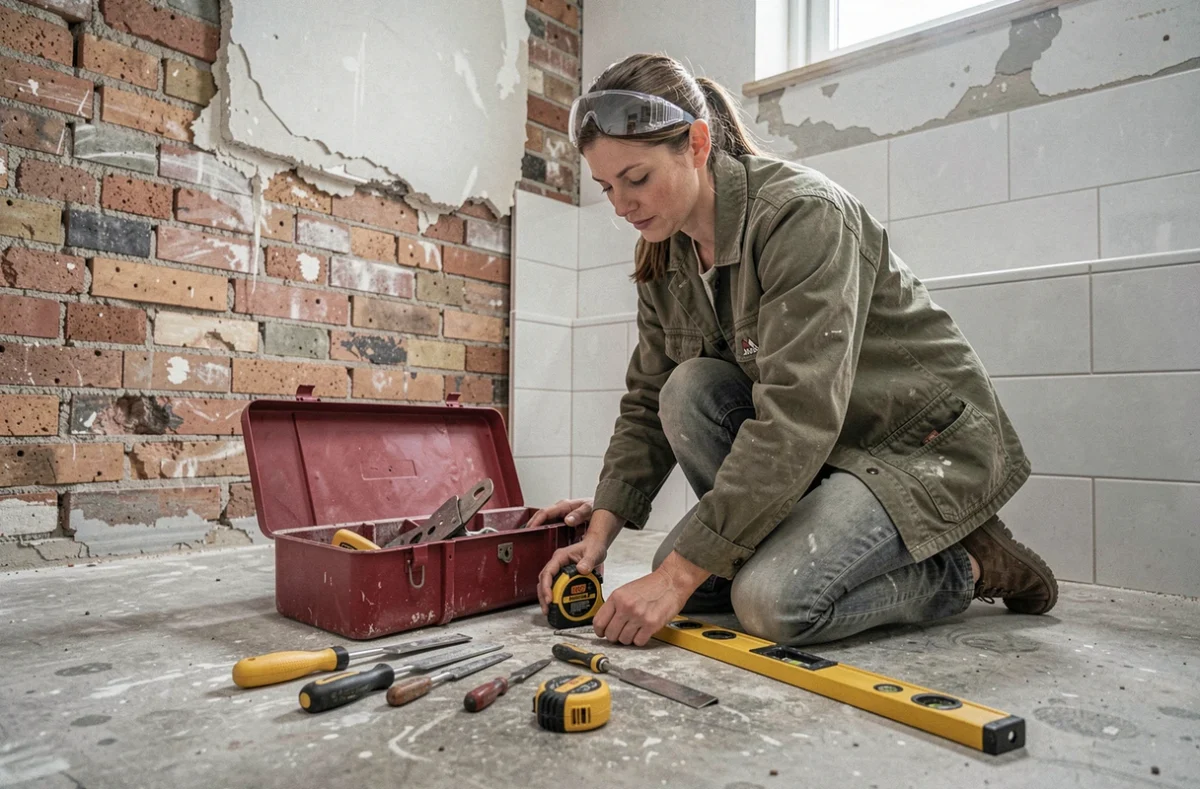 Femme organisant ses outils de rénovation sur le sol d'une salle de bain en cours de travaux