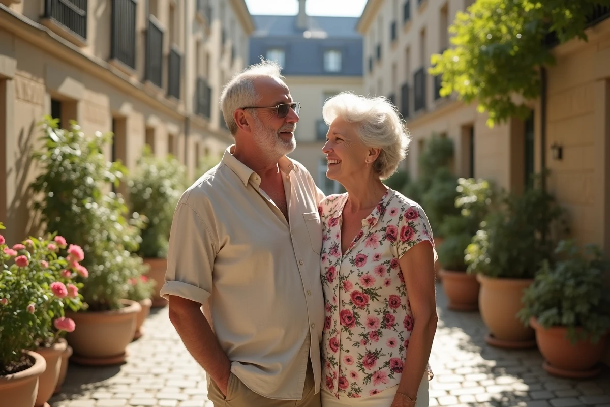 Couple franco-algérien d'une soixantaine d'années dans une cour parisienne haussmannienne évoquant les racines familiales