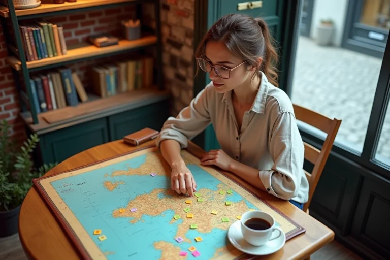 Une femme planifiant un voyage autour du monde avec une carte et un journal de voyage dans un café européen