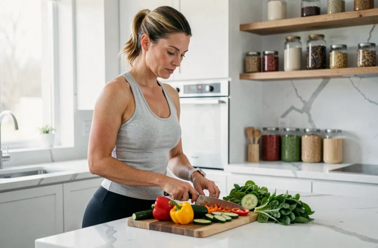 Femme préparant des légumes frais dans une cuisine moderne pour une alimentation saine et équilibrée