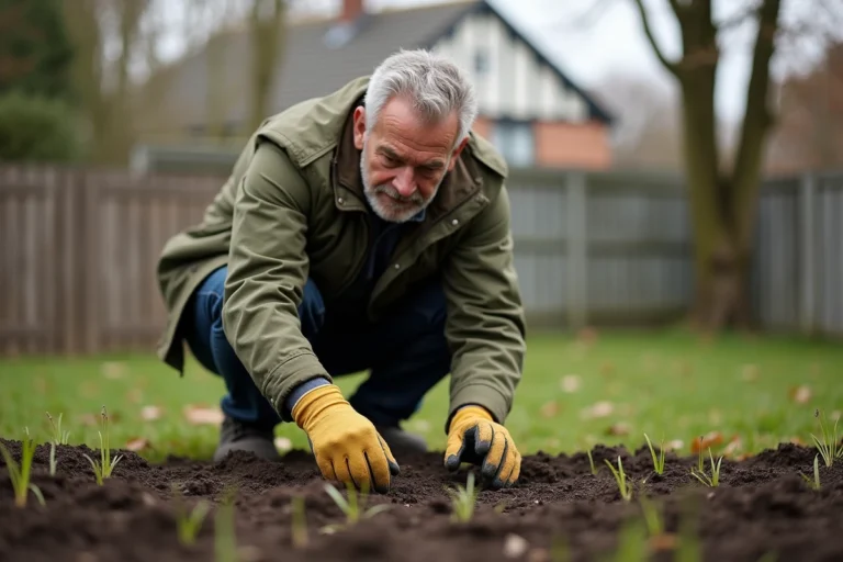 Homme semant du gazon à la main dans un jardin en automne, sol meuble bien préparé