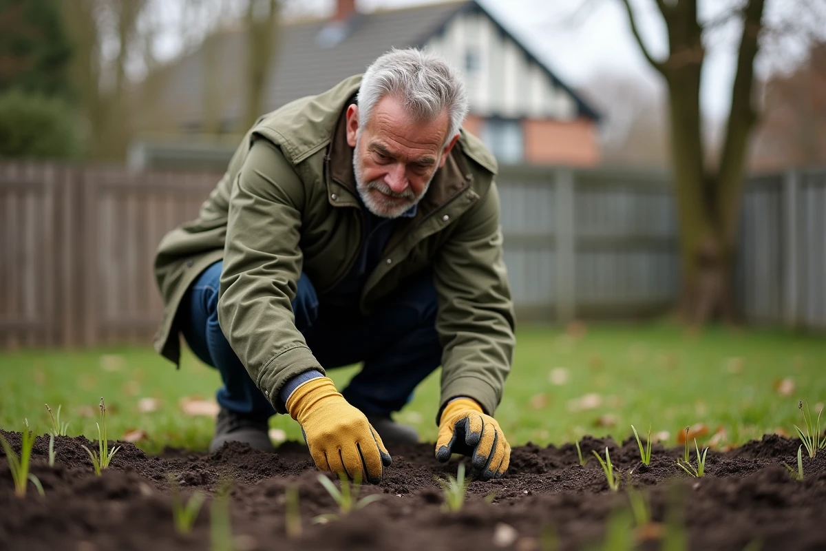 Homme semant du gazon à la main dans un jardin en automne, sol meuble bien préparé