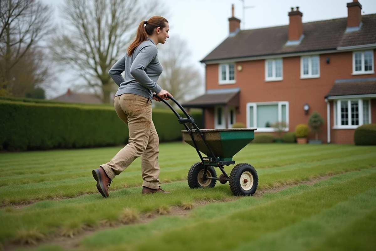 Femme utilisant un épandeur à gazon au printemps sur une pelouse résidentielle en cours de semis