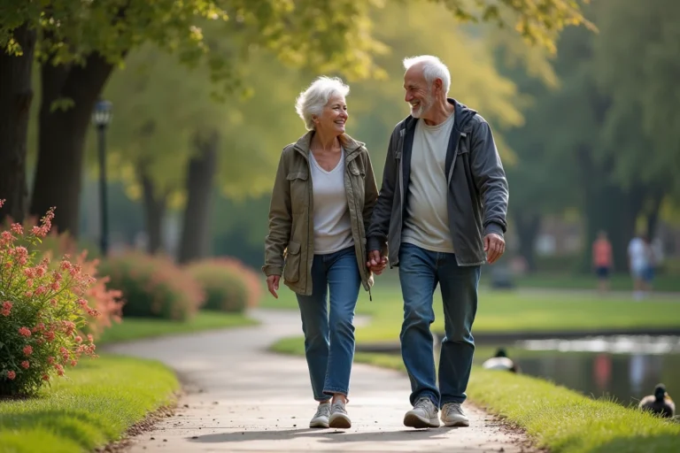Couple senior souriant se promenant dans un parc