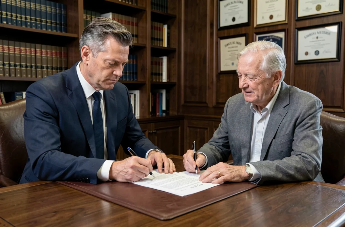 Un notaire et un propriétaire senior signent un contrat de vente en viager dans un bureau notarial, illustrant le cadre juridique sécurisé de cette transaction immobilière