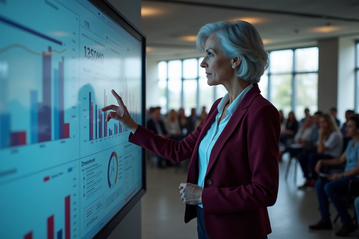 Femme experte en gestion de patrimoine présentant des outils numériques innovants sur écran tactile lors d'un séminaire financier