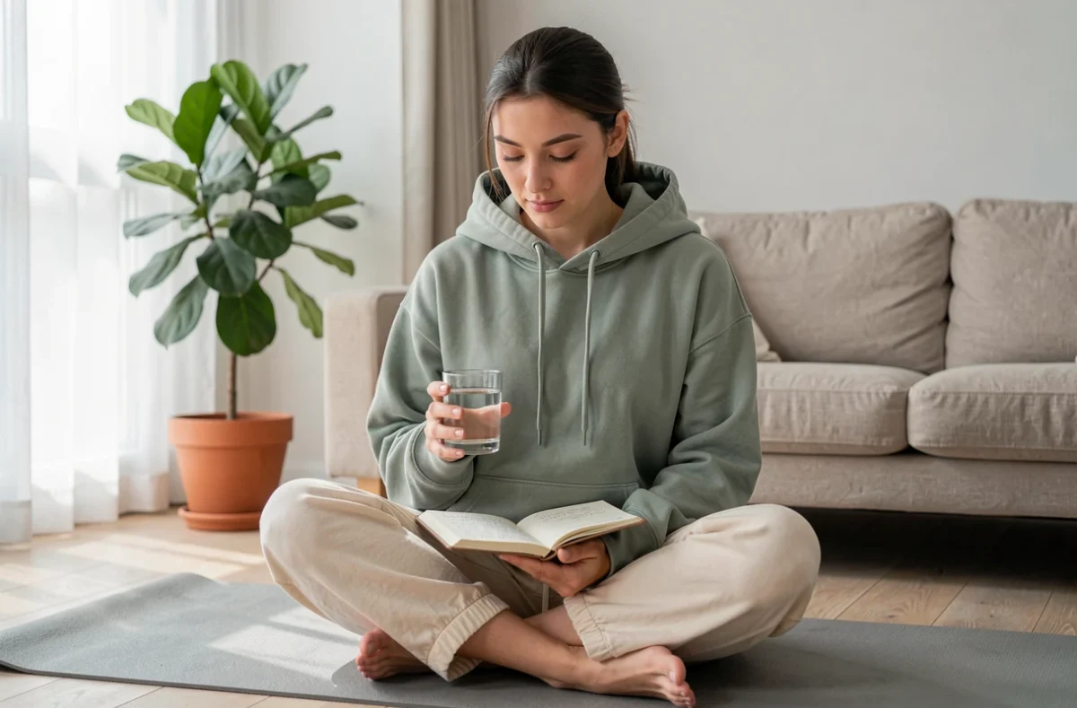 Jeune femme tenant un verre d'eau et un journal de suivi de régime sur un tapis de yoga dans un appartement minimaliste