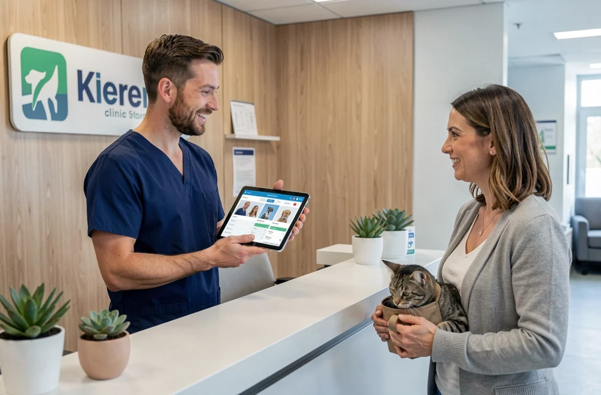 Technicien vétérinaire gérant les rendez-vous sur tablette avec le logiciel GMVET1 à l'accueil d'une clinique