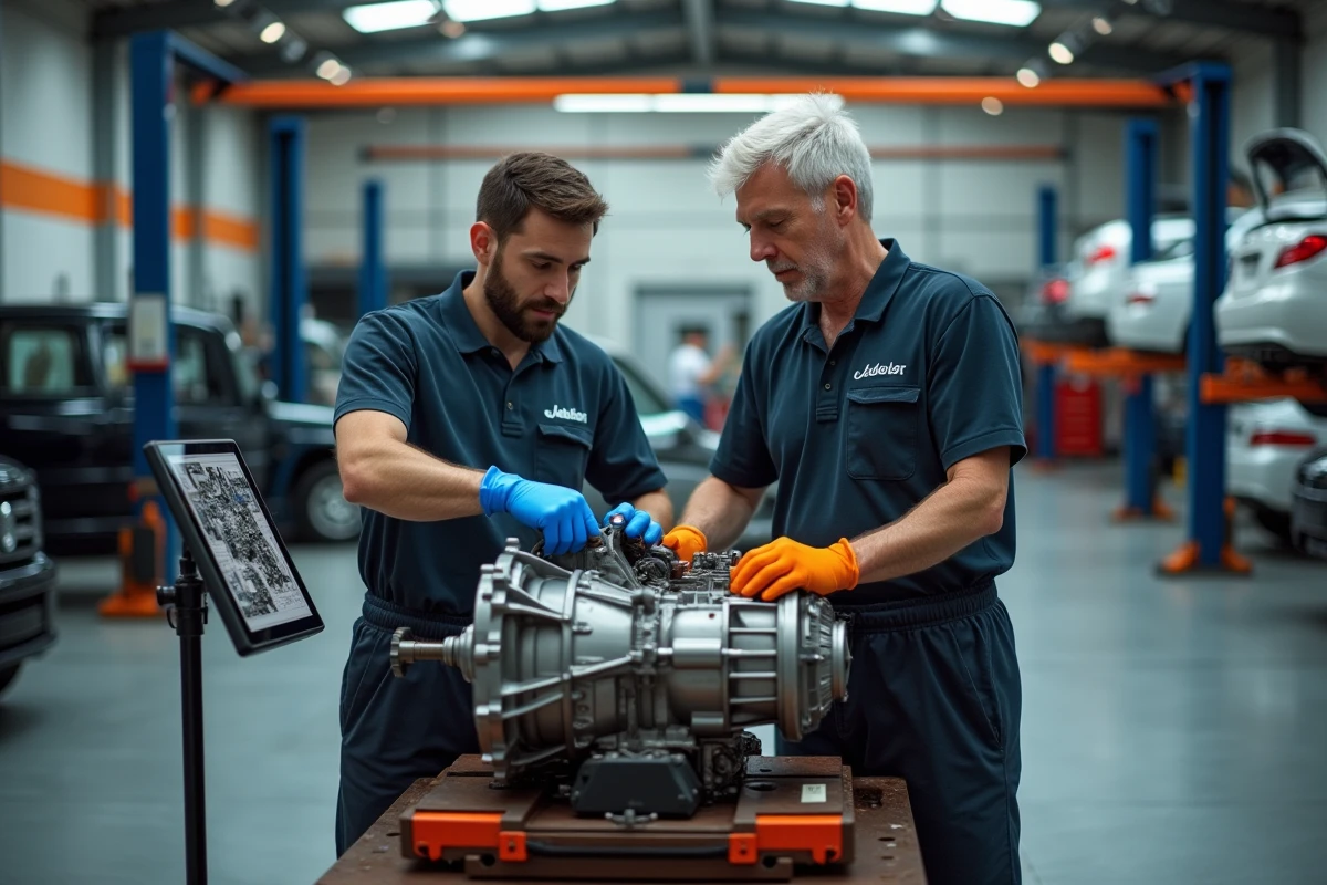 Deux techniciens en mécanique collaborant sur le démontage d'une boîte de vitesses dans un centre de service automobile professionnel moderne