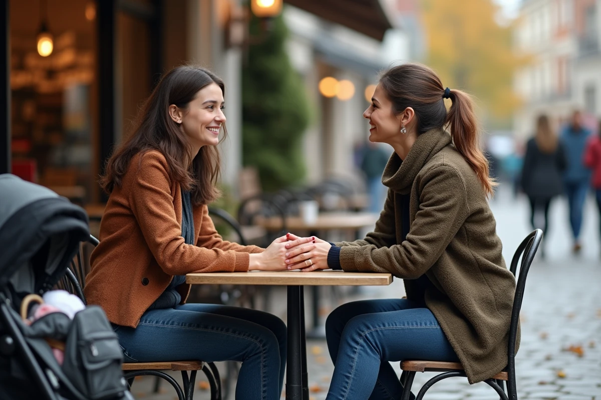 Deux femmes discutant à une terrasse de café, l'une avec une poussette, partageant les réalités méconnues de la maternité dans une conversation intime et authentique
