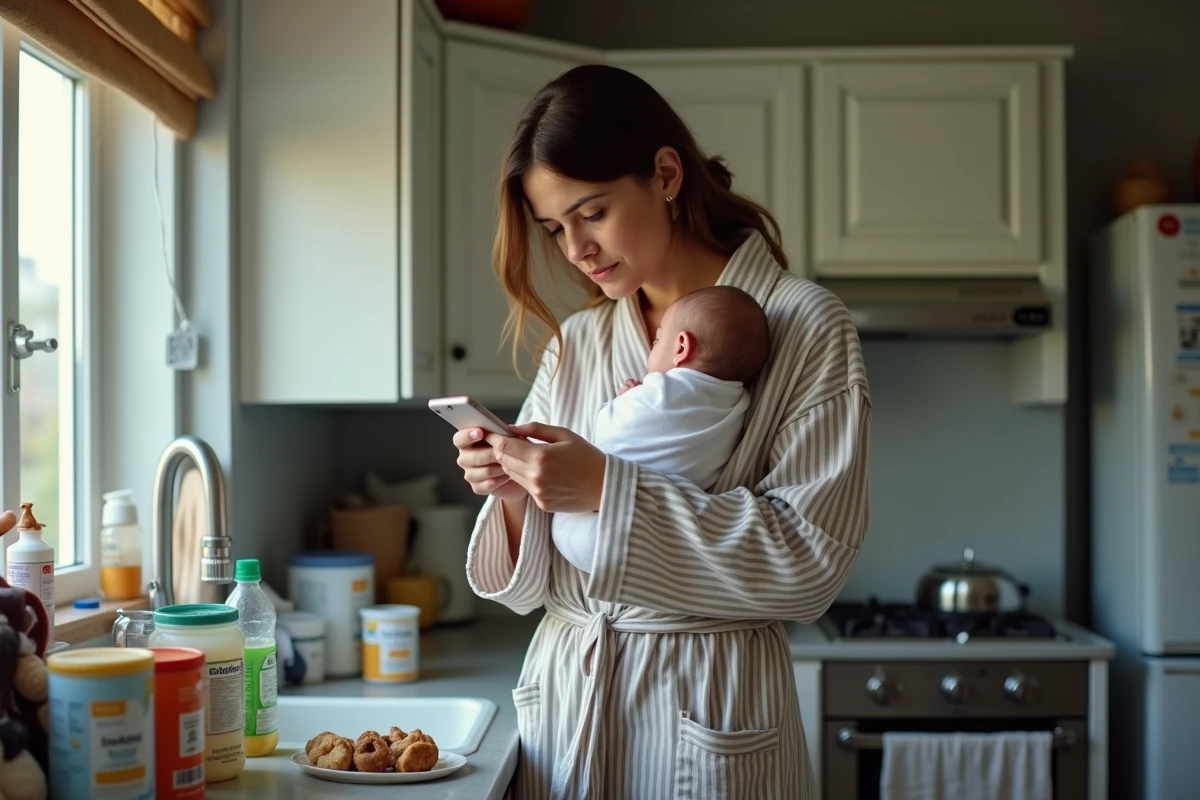 Mère en robe de chambre dans une cuisine encombrée de biberons, berçant son nouveau-né tout en consultant son téléphone, illustrant la réalité quotidienne de la maternité