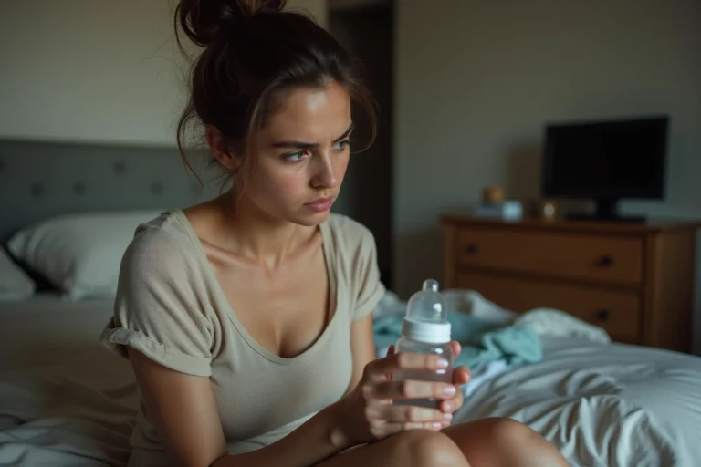 Jeune mère épuisée assise sur le bord d'un lit défait, tenant un biberon, regard pensif reflétant la réalité difficile de la maternité