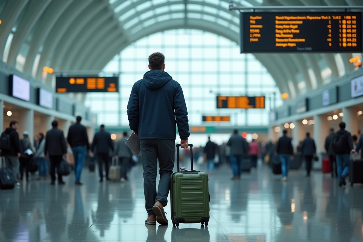 Un homme voyageur dans un aéroport international consultant le tableau des départs pour son tour du monde