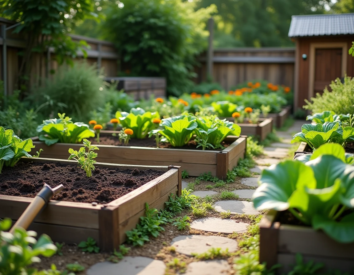 Vue d'ensemble d'un potager biologique organisé avec des carrés de culture et une grelinette appuyée contre un bac en bois