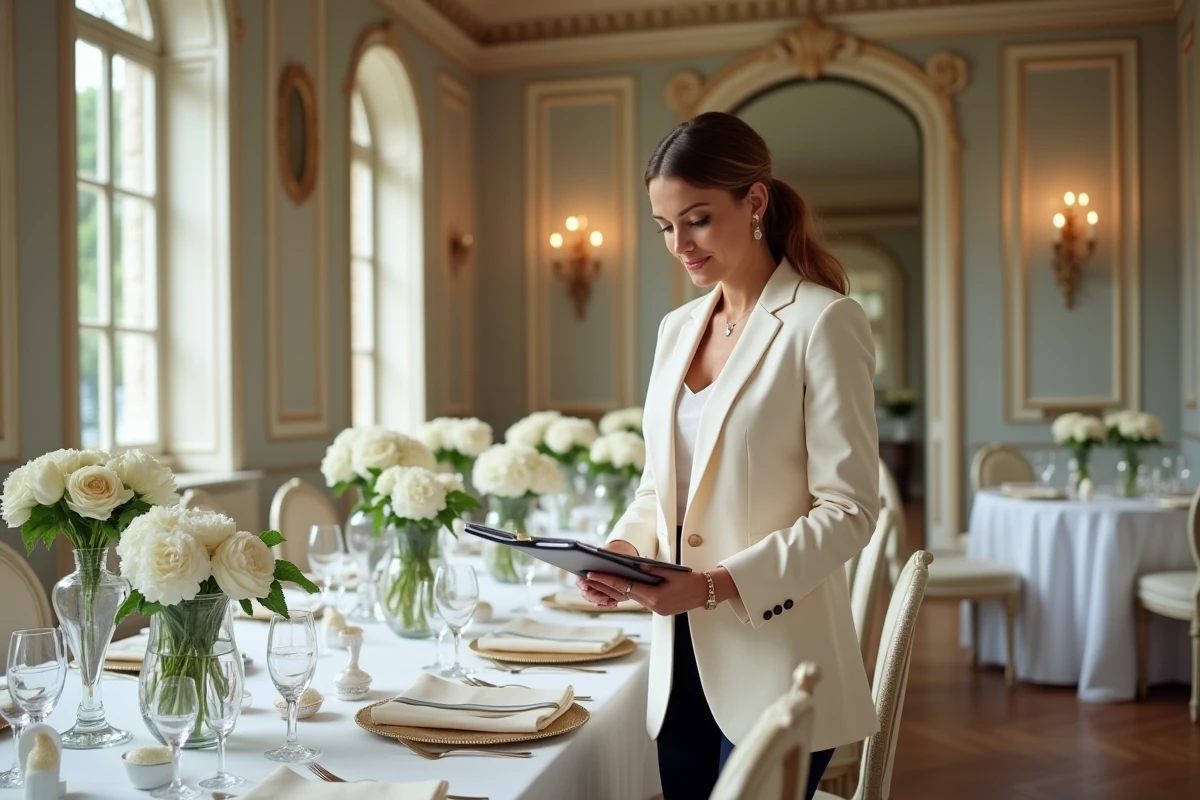 Wedding planner vérifiant les détails d'une table de réception décorée dans un château